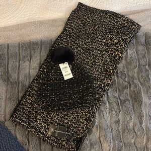 INC Black and Gold Knit Scarf and Beanie Set NWT